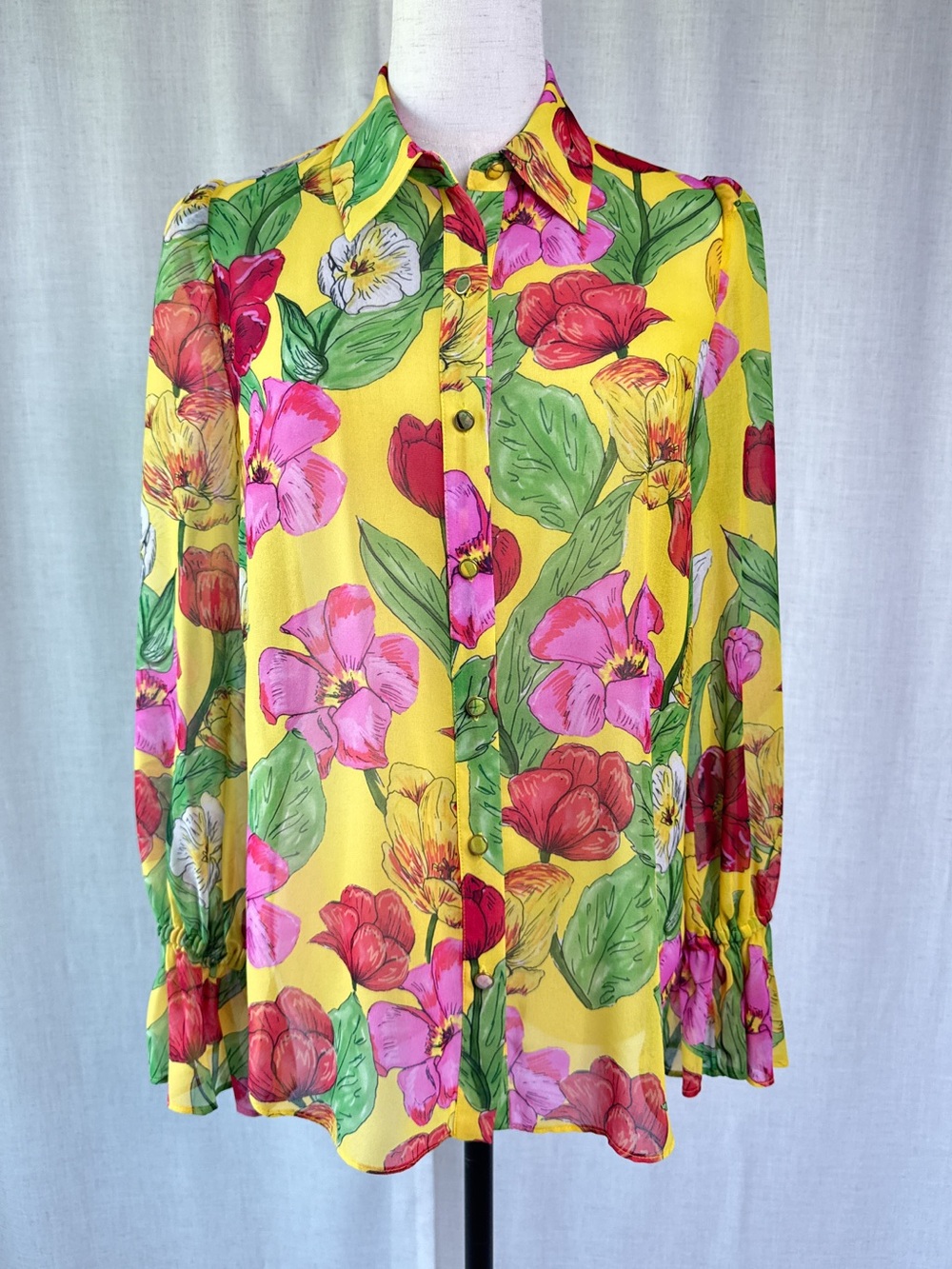 Milly Lacey Tulip Rosette Semi Sheer Button Front Blouse Yellow Size Small